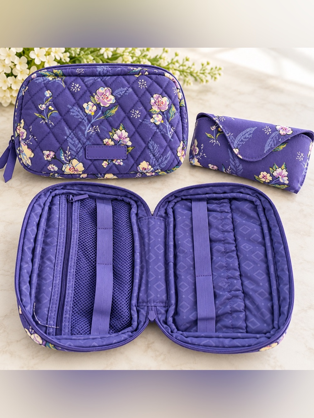 Vera Bradley Purple Floral Quilted Cord Case and Eyeglass Case